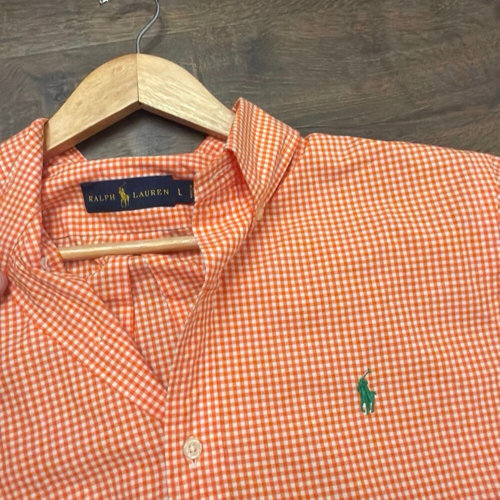 Polo Ralph Lauren Men’s L Orange Gingham Check Button Down Shirt Green Pony - Picture 2 of 5